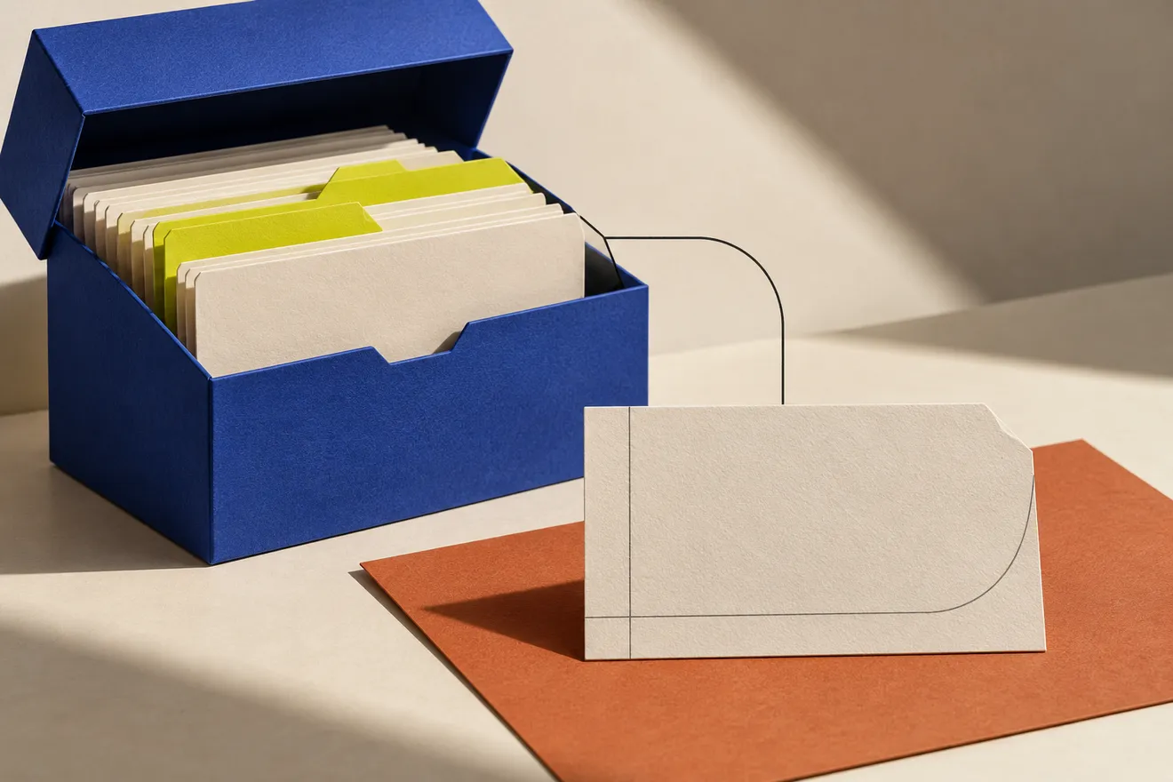 An open cobalt archive box holding ivory project folders and citron dividers.