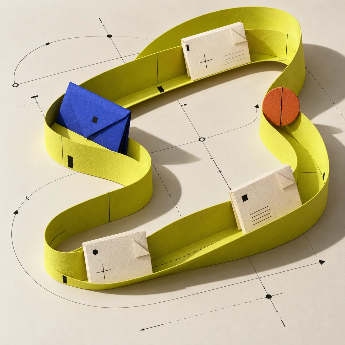 Paper files travelling on a sculptural citron track, with graphite routing marks and a cobalt envelope.